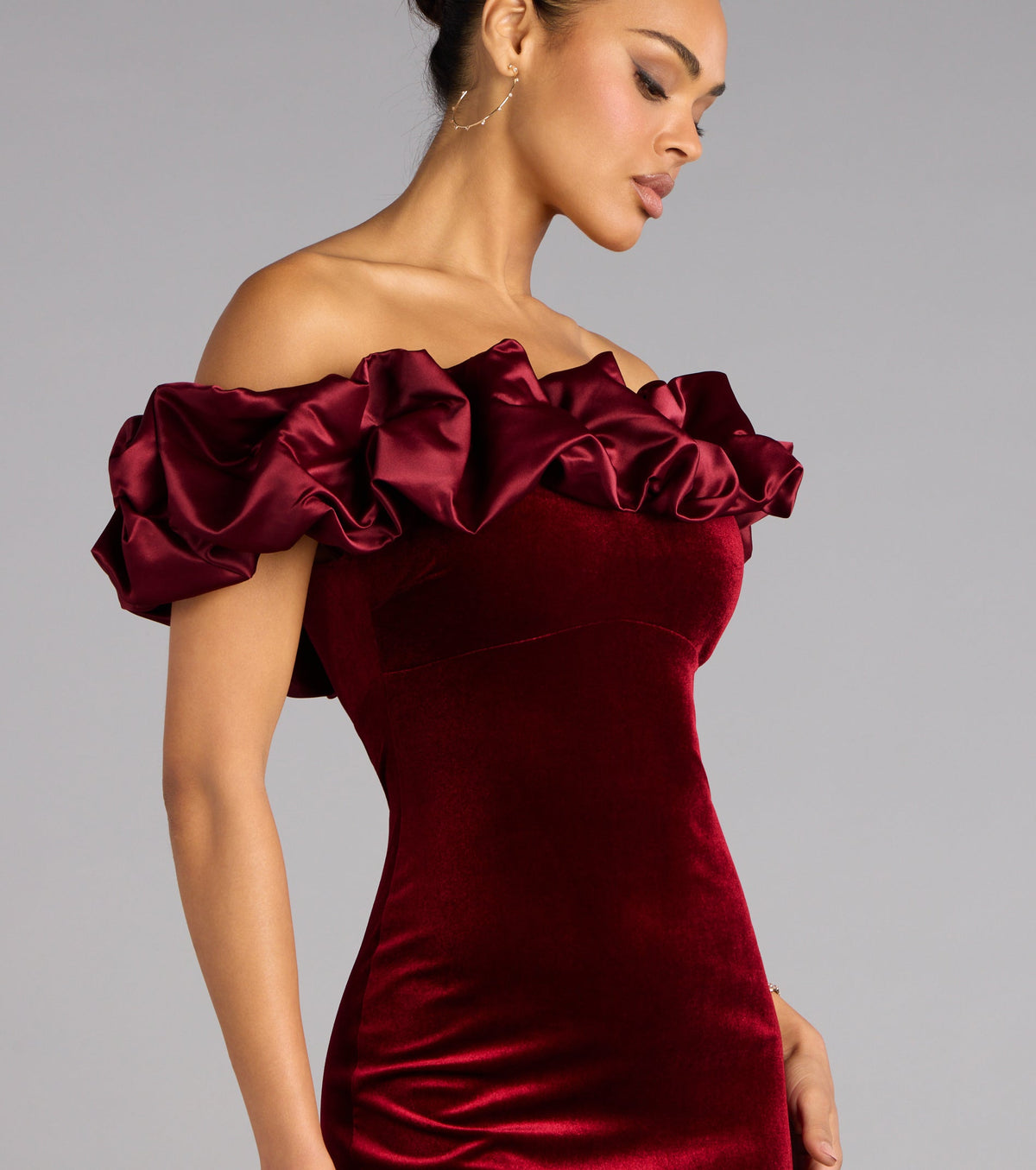 Lia Satin Ruffle Off-The-Shoulder Velvet Mini Dress