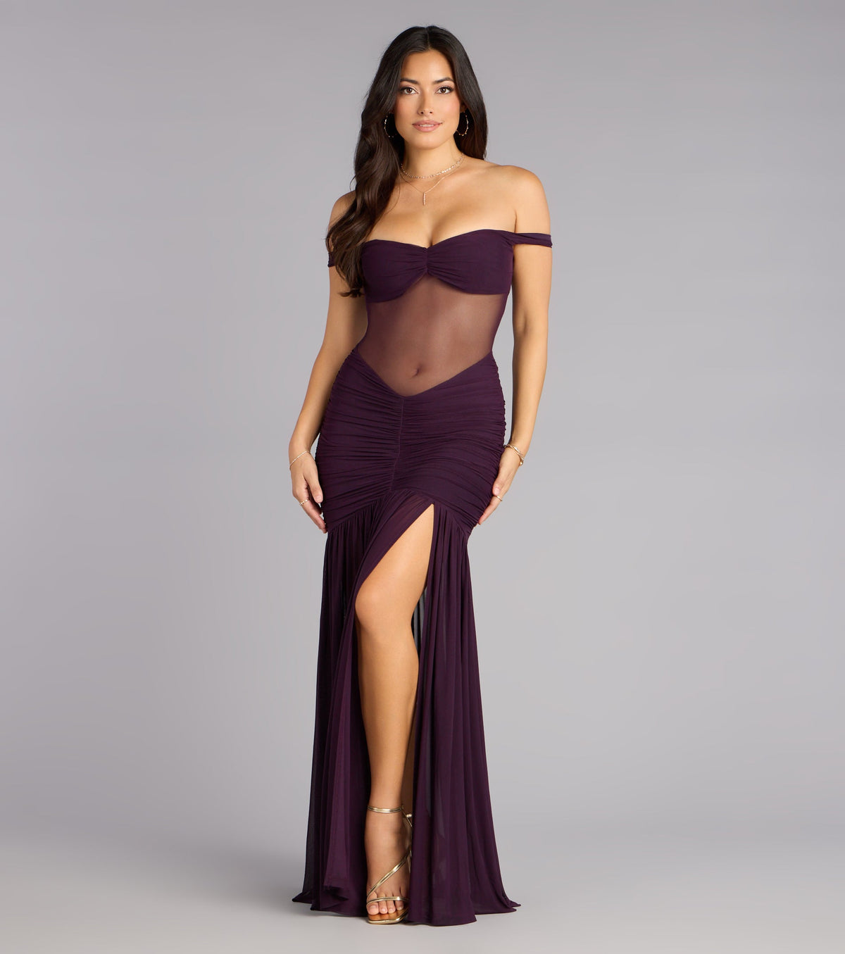 Eliza Sheer Mesh Off-The-Shoulder Mermaid Dress