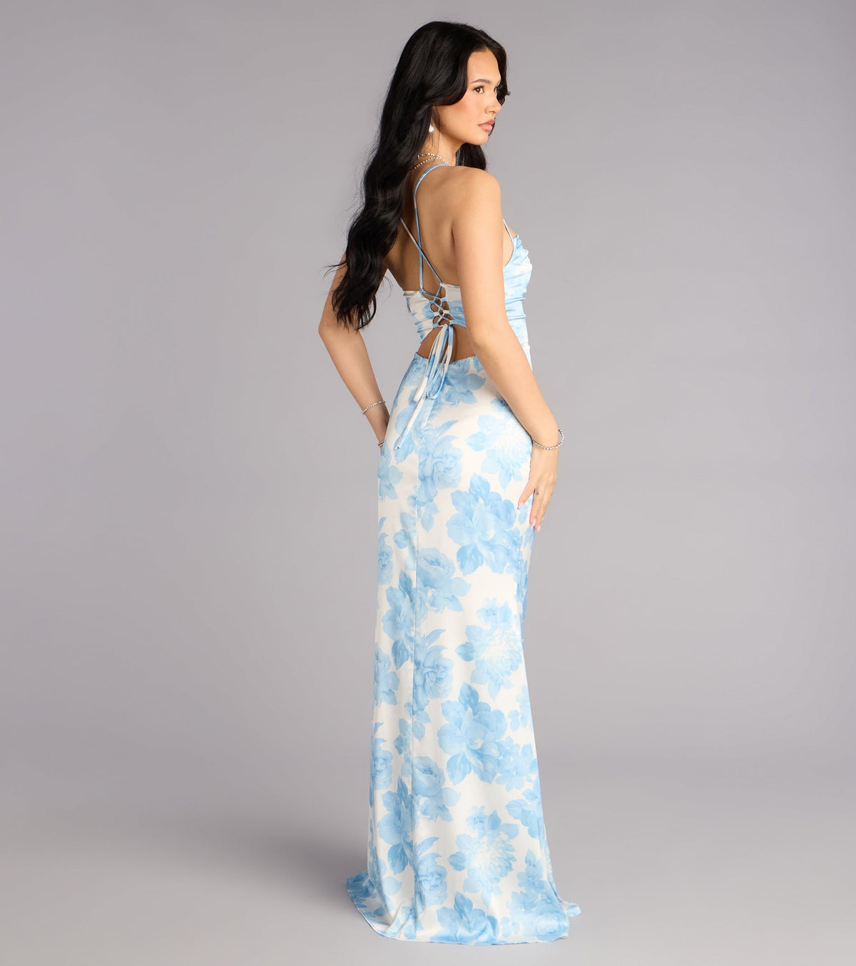 Helen Floral Satin Lace-Up Formal Dress