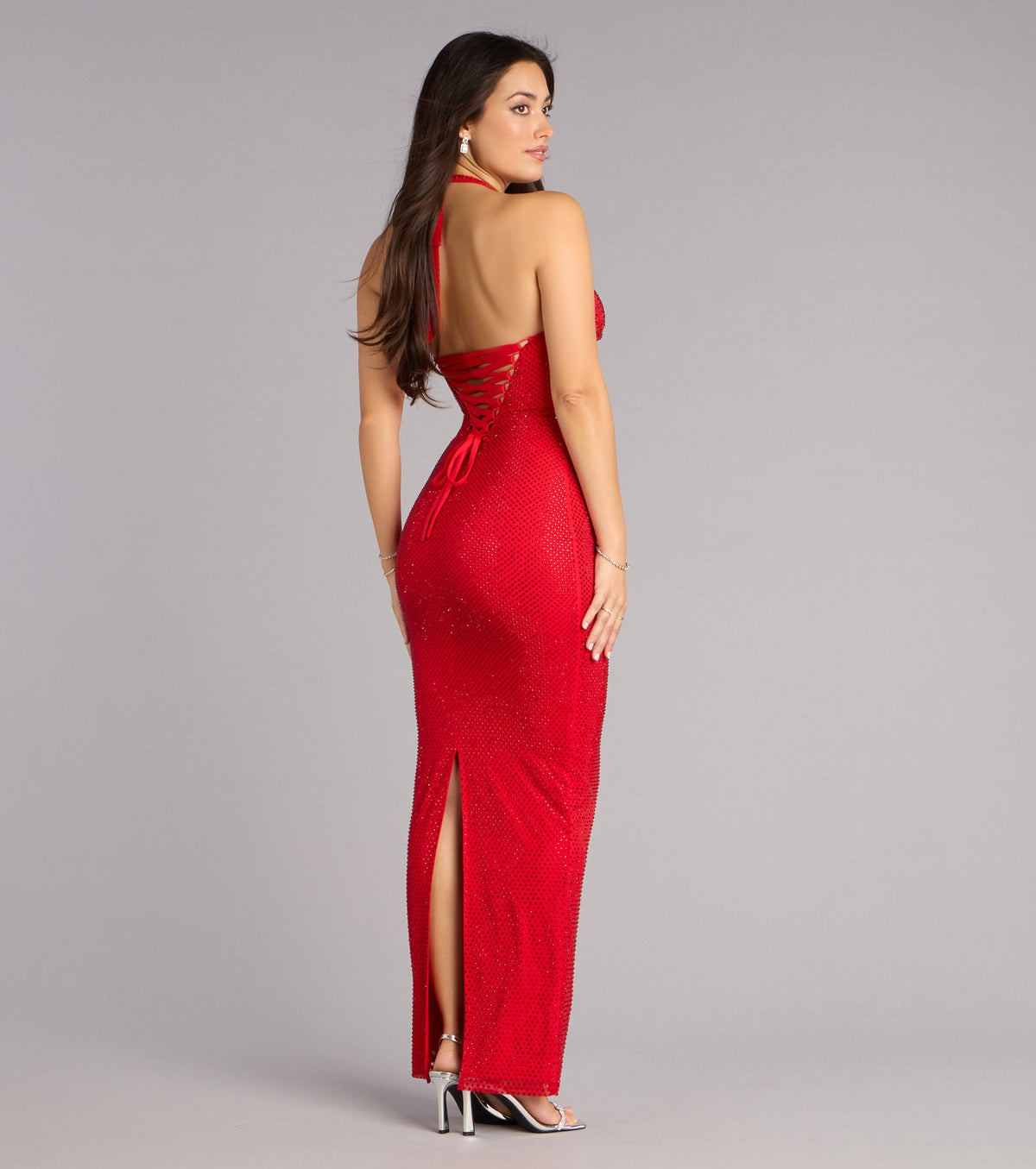 Mackinley Rhinestone Lace-Up Column Formal Dress
