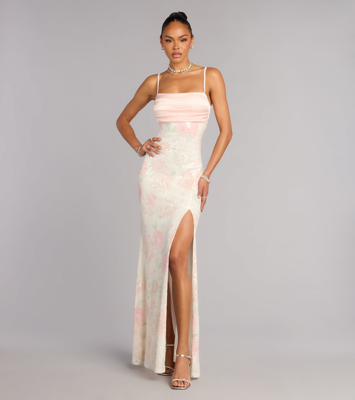 Fiona Floral Sequin Slit Formal Dress