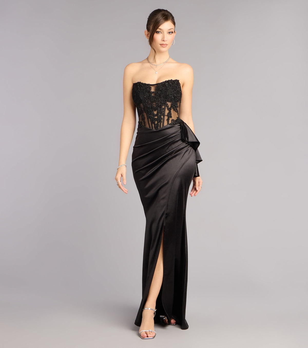 Sharon Floral Applique Satin Formal Dress