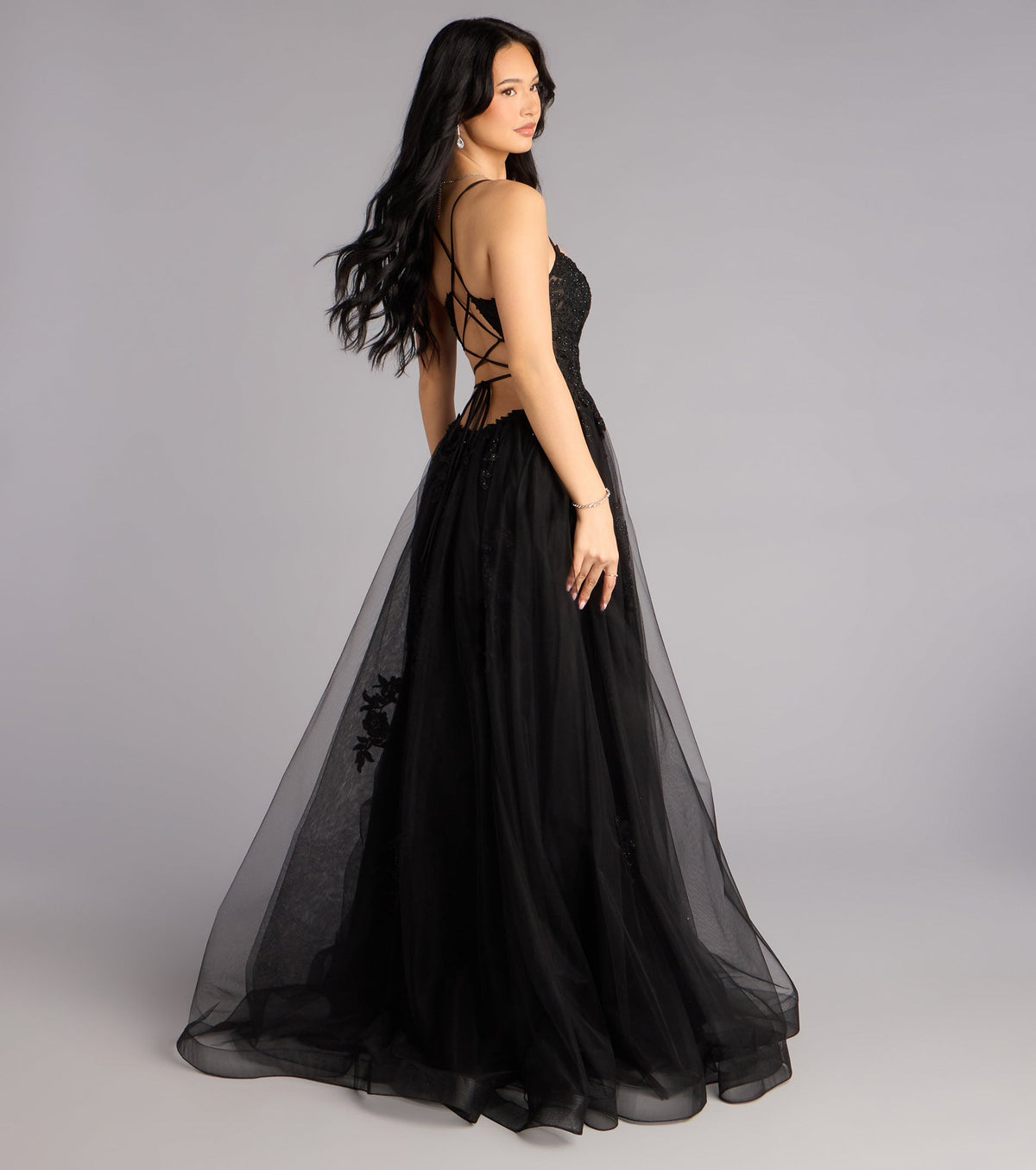 Caitlin Lace-Up Applique A-Line Formal Dress
