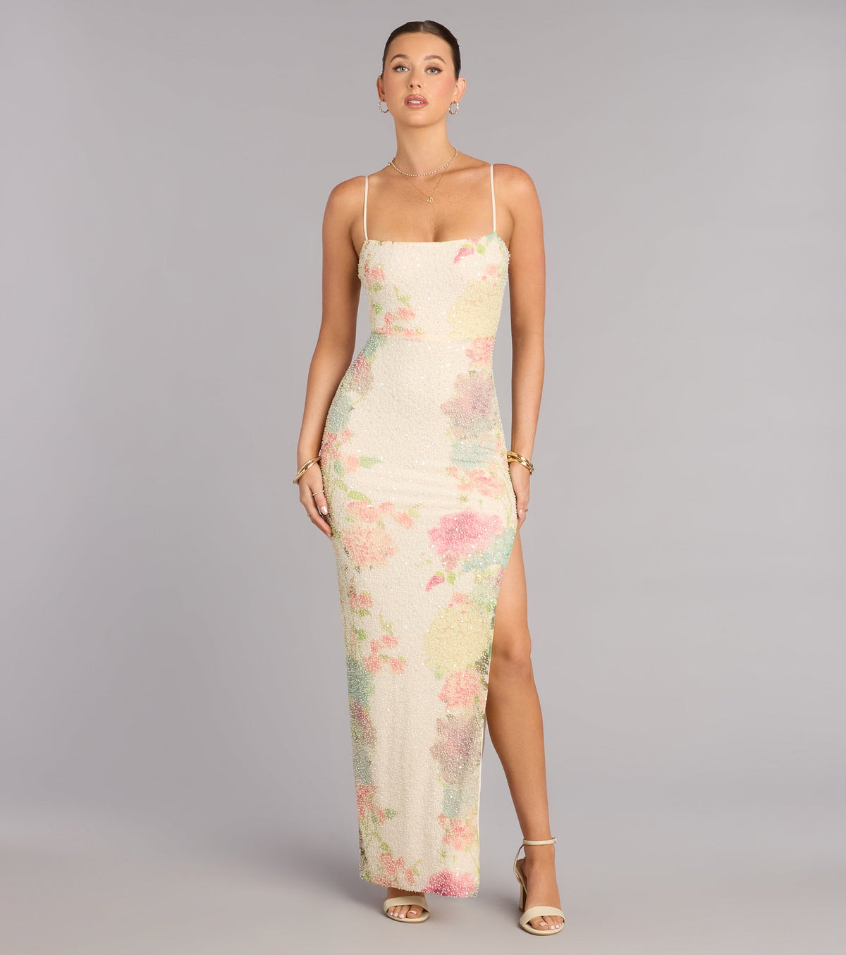 Linda Floral Beaded Column Formal Dress