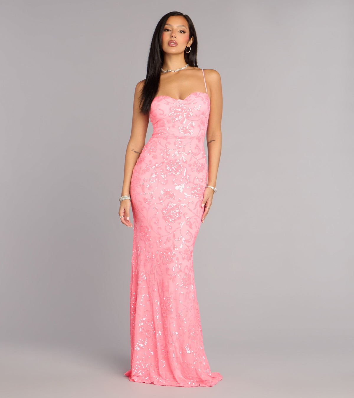 Savanna Floral Sequin Lace-Up Formal Dress