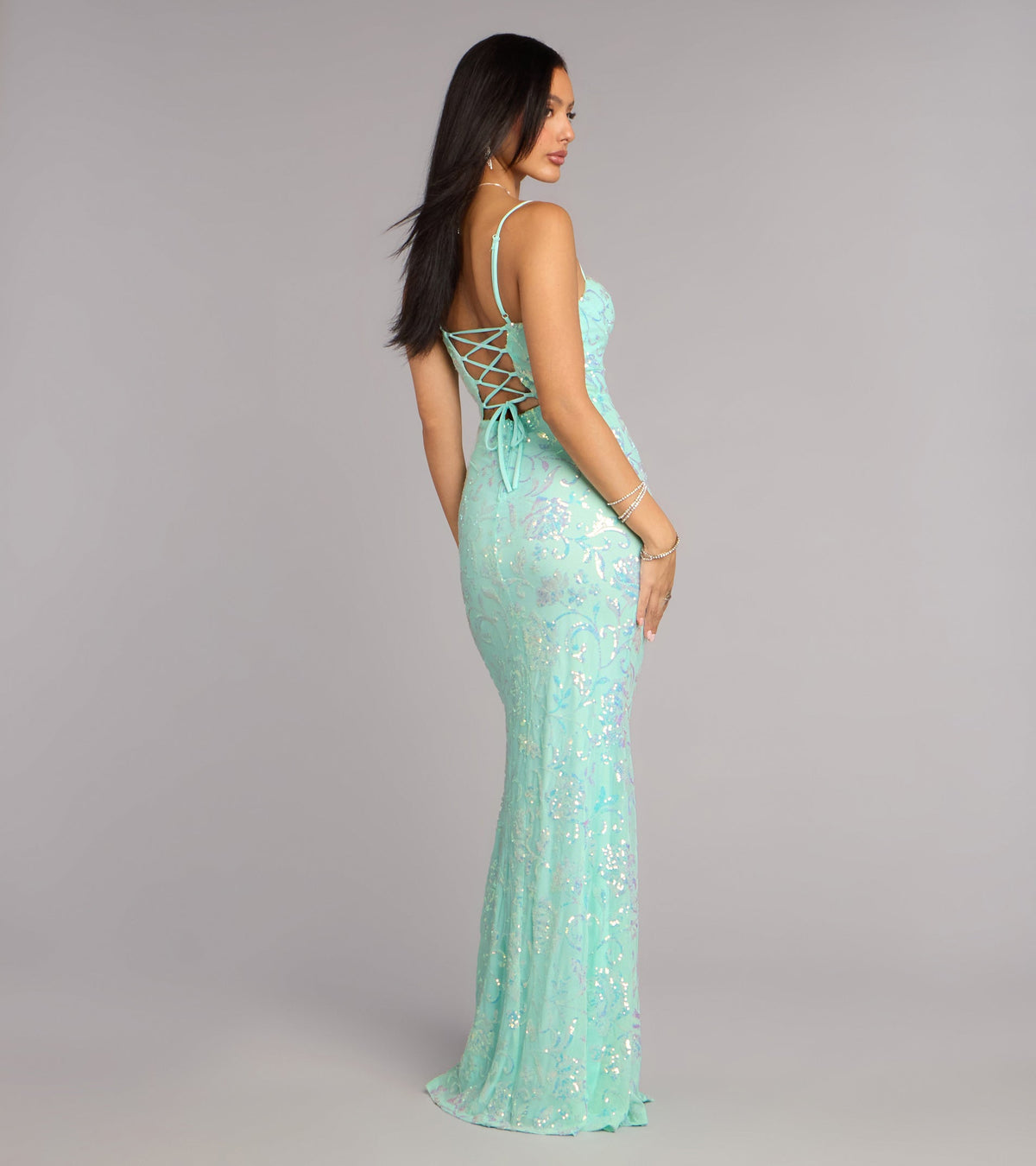 Savanna Floral Sequin Lace-Up Formal Dress