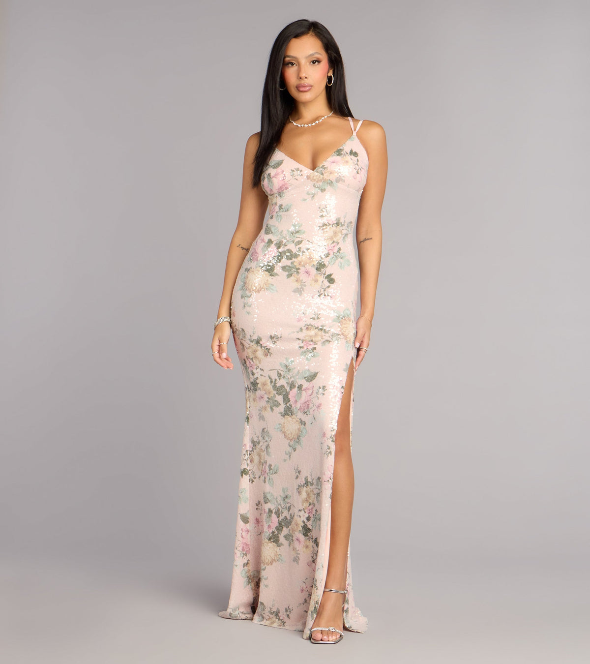 Kelsey Sequin Floral Slit Formal Dress