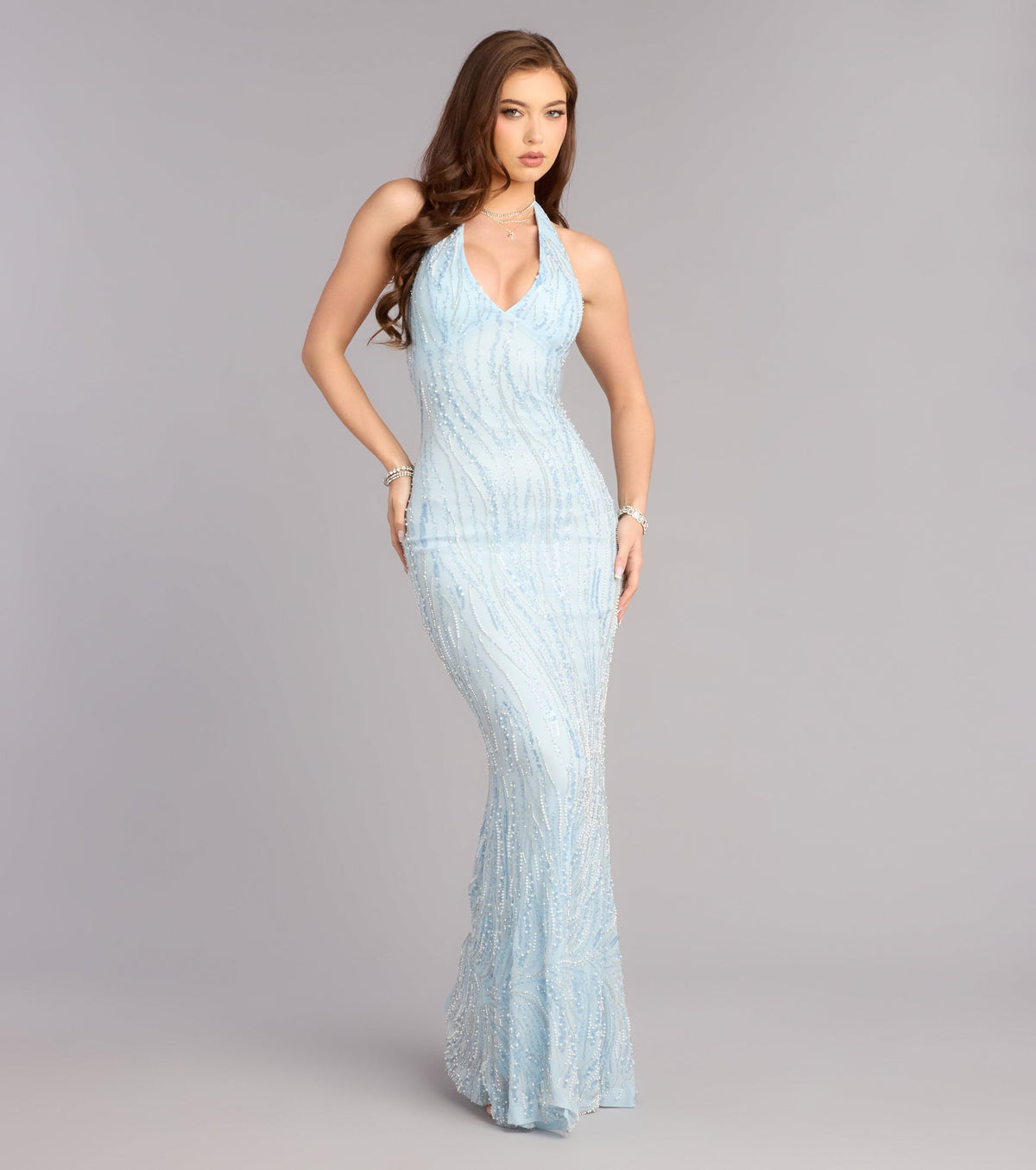 Faith Sequin Pearl Bead Formal Dress