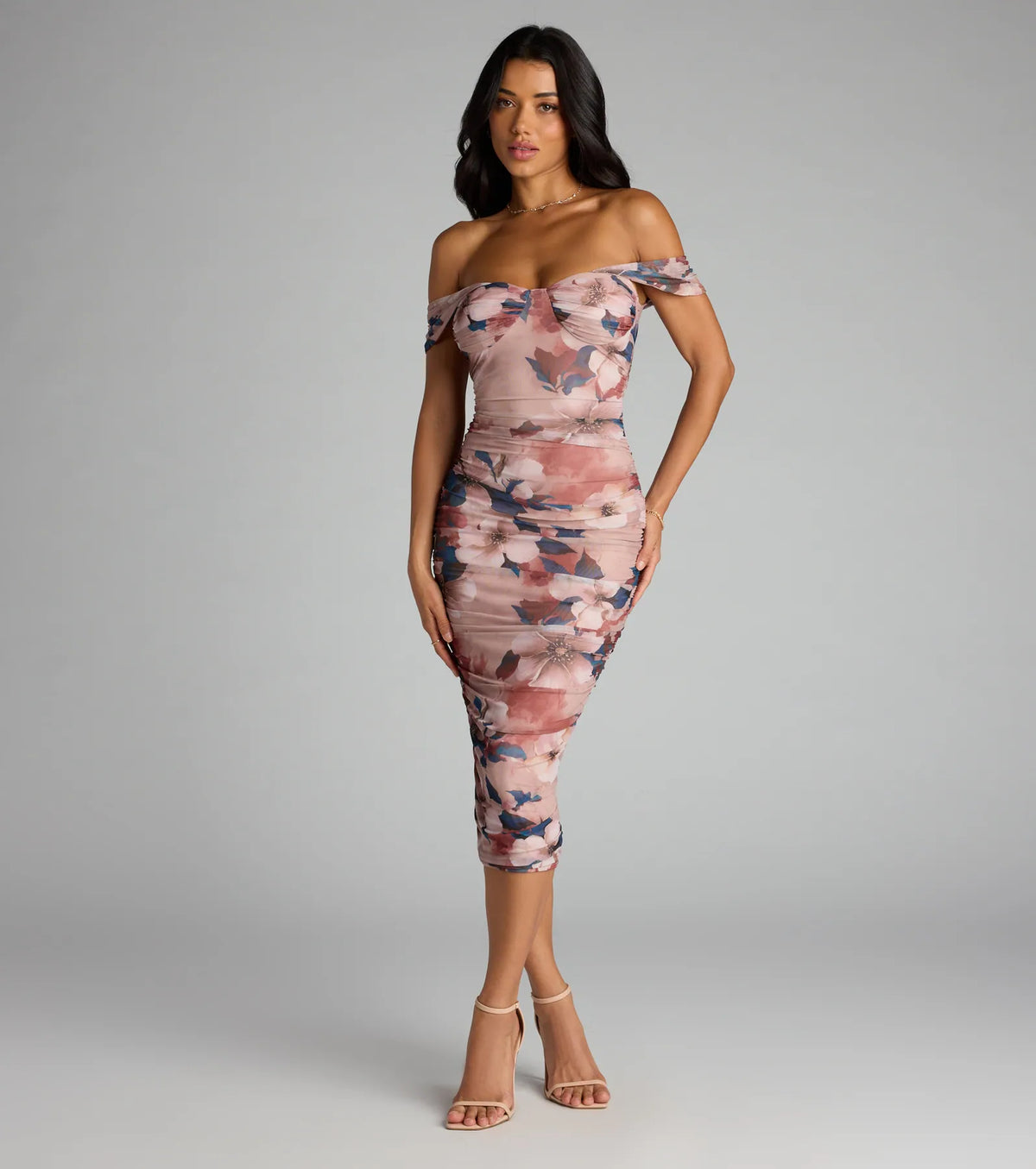 Romance Rewritten Off Shoulder Floral Midi Dress