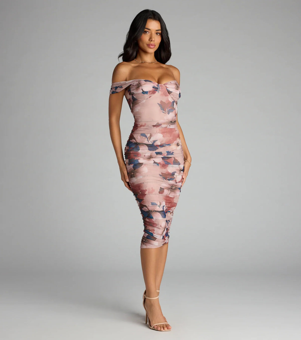 Romance Rewritten Off Shoulder Floral Midi Dress