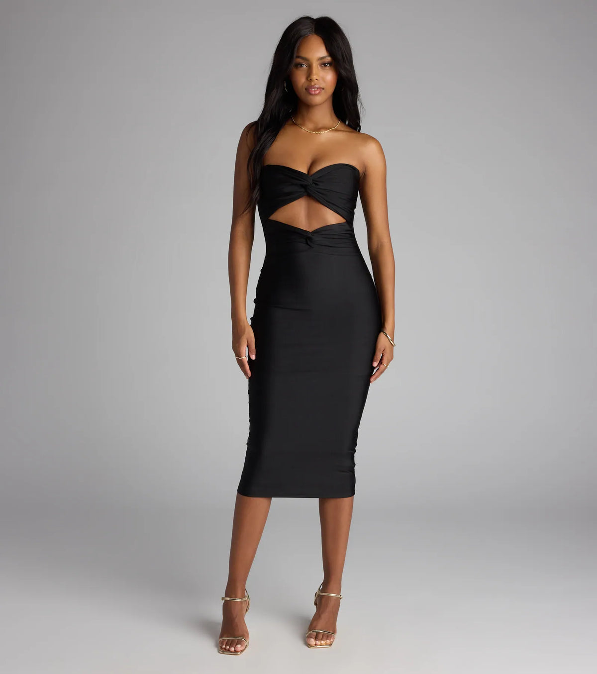 Cut To The Chase Strapless Cutout Midi Dress