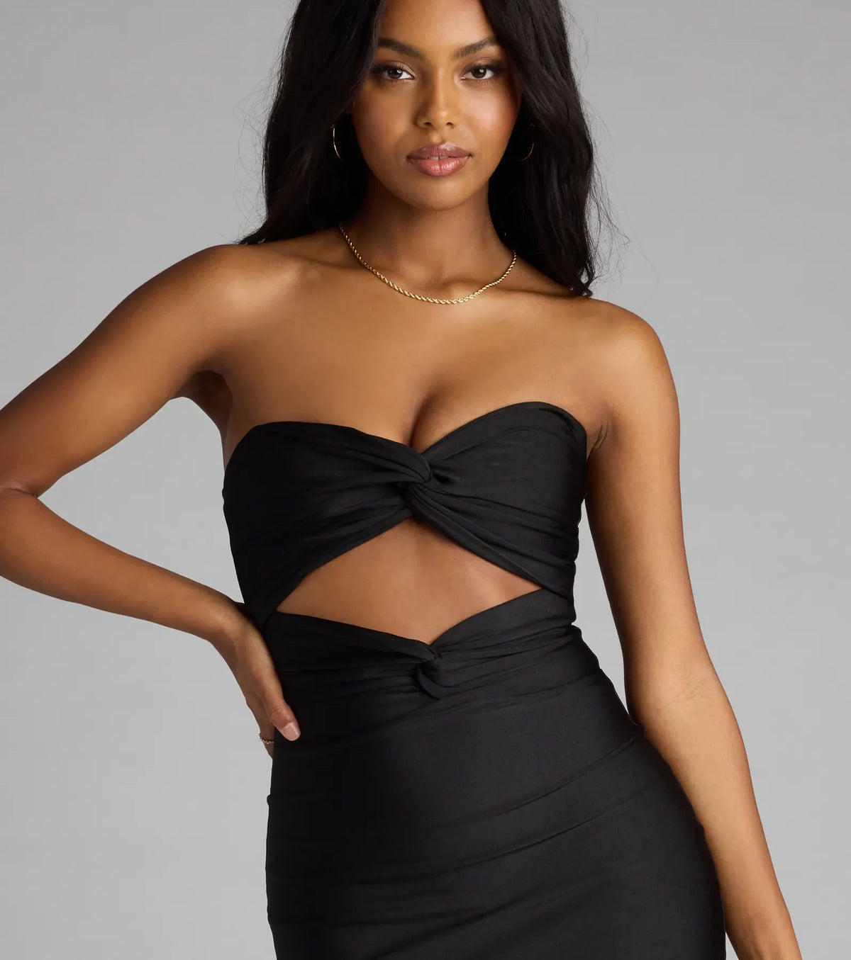 Cut To The Chase Strapless Cutout Midi Dress