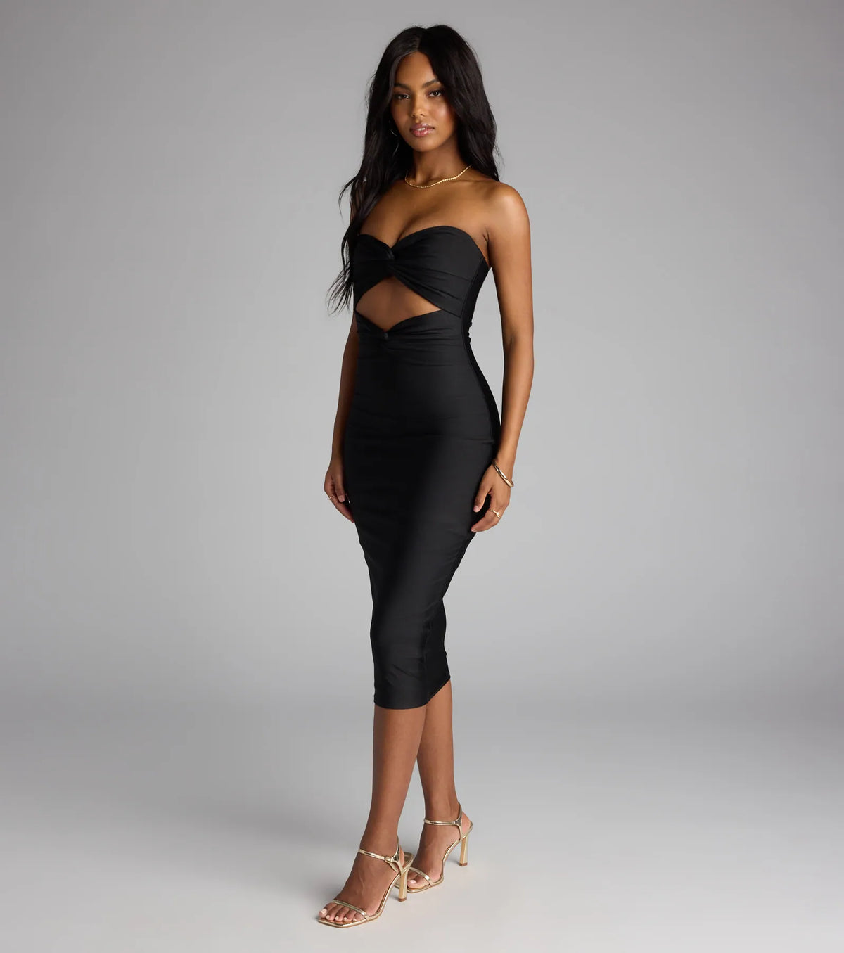 Cut To The Chase Strapless Cutout Midi Dress