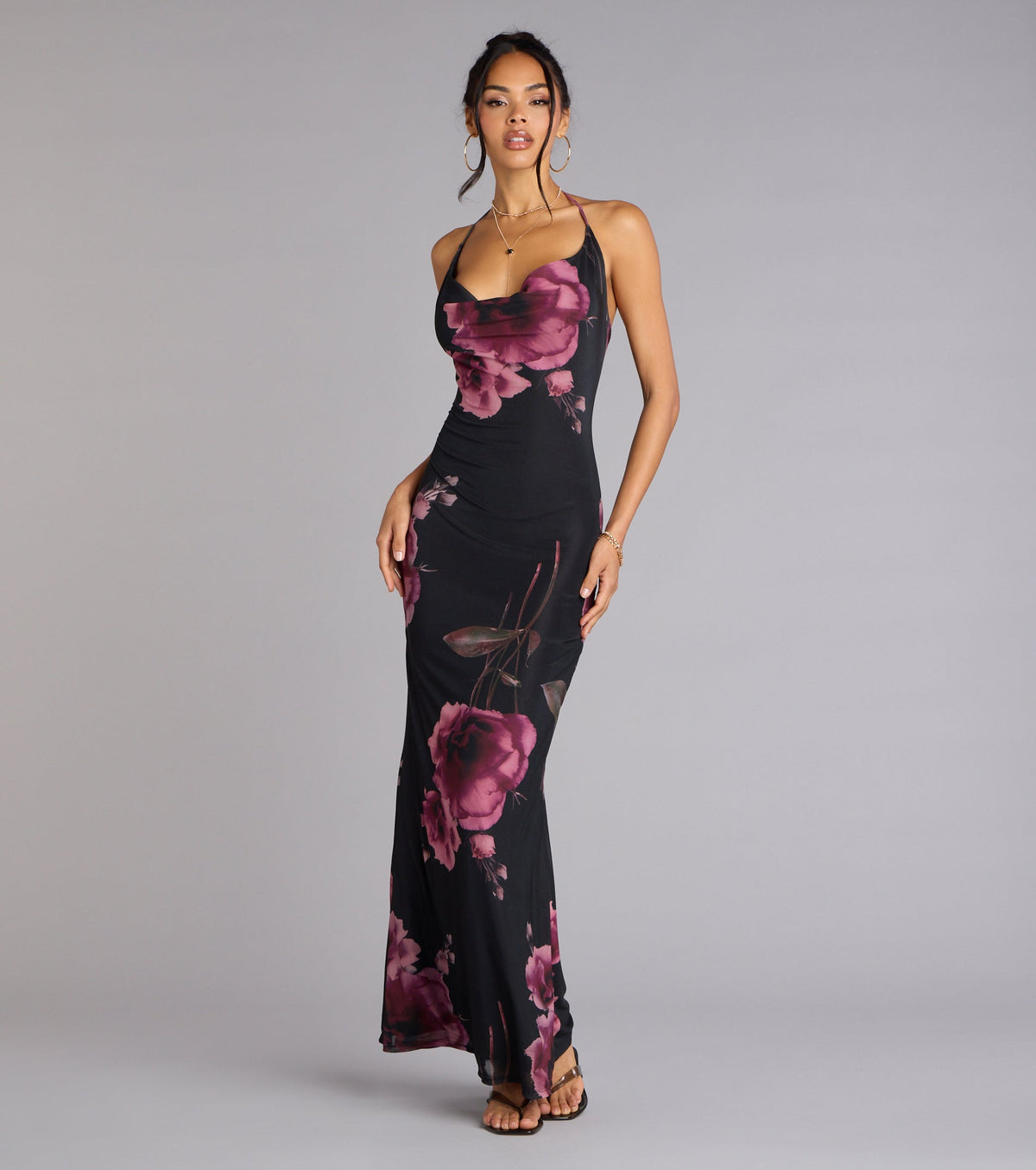 Rooftop Romance Floral Mesh Halter Maxi Dress
