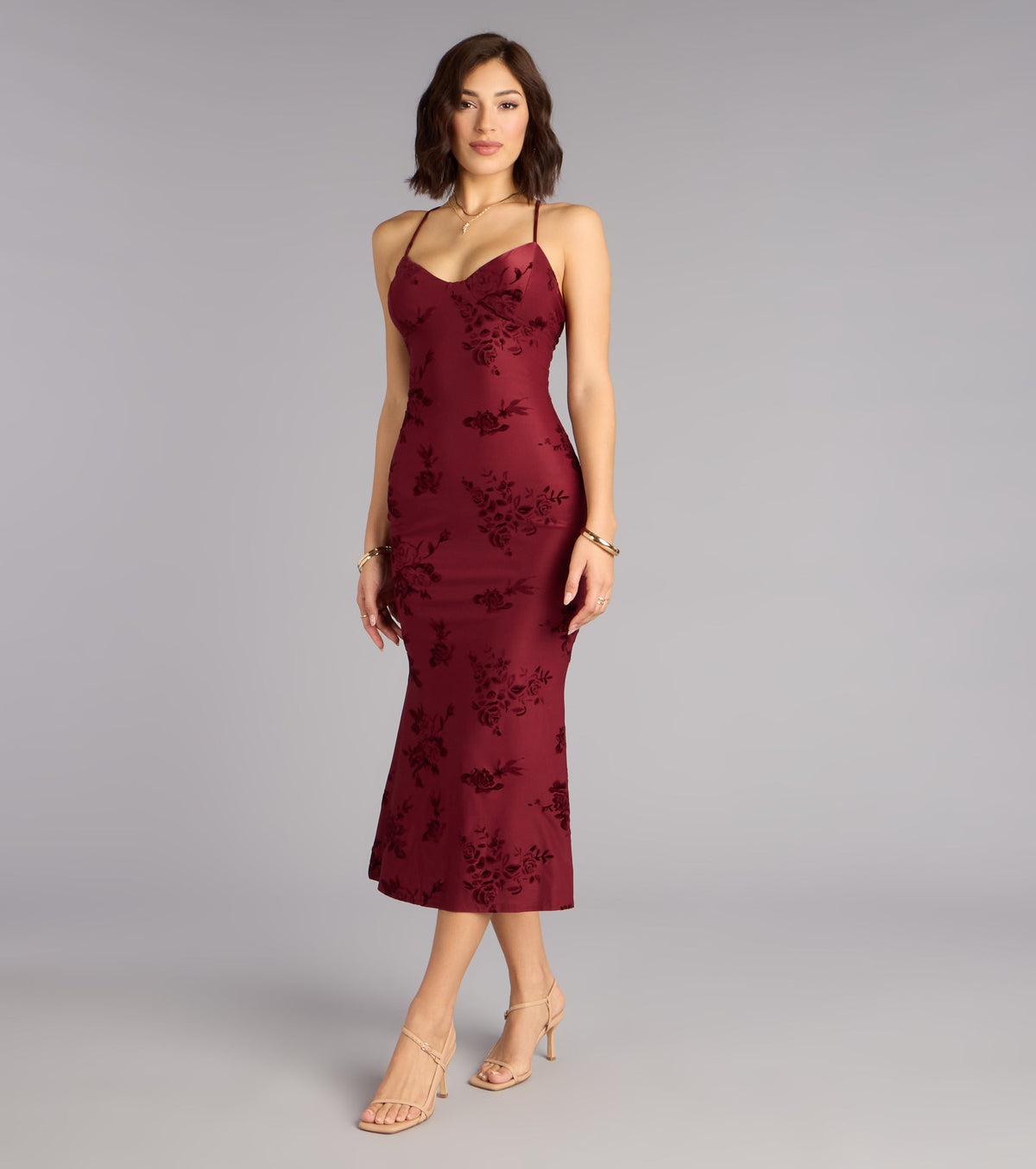Romance Language Floral Lace-Up Midi Dress