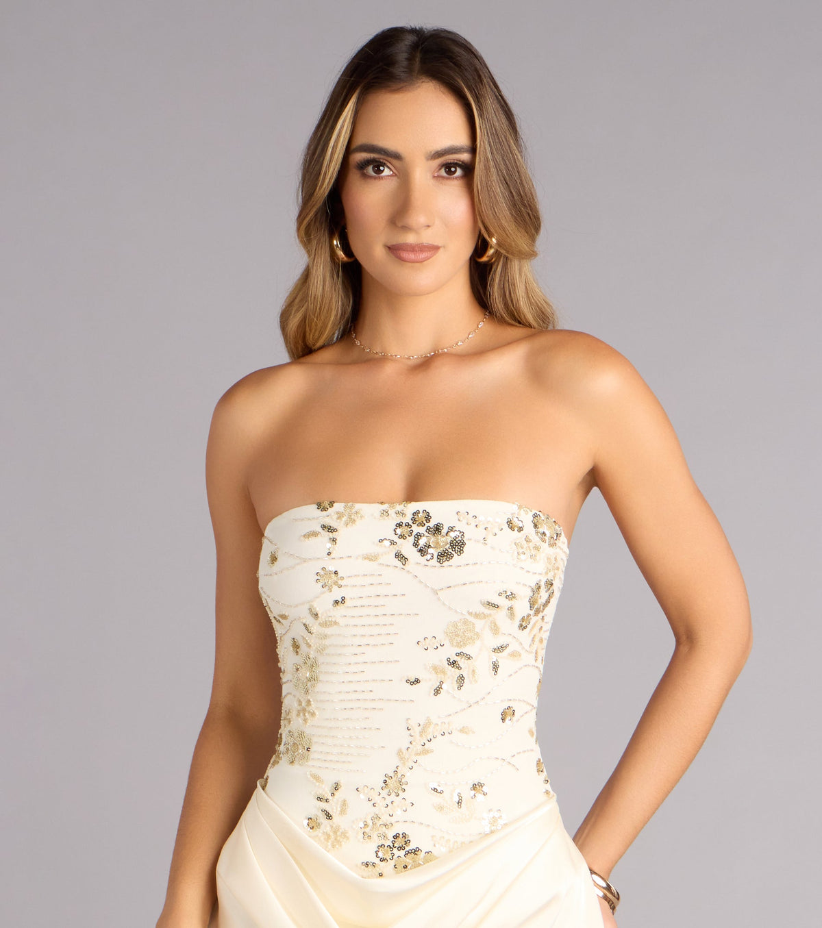 Satin Glow Strapless Beaded Midi Dress