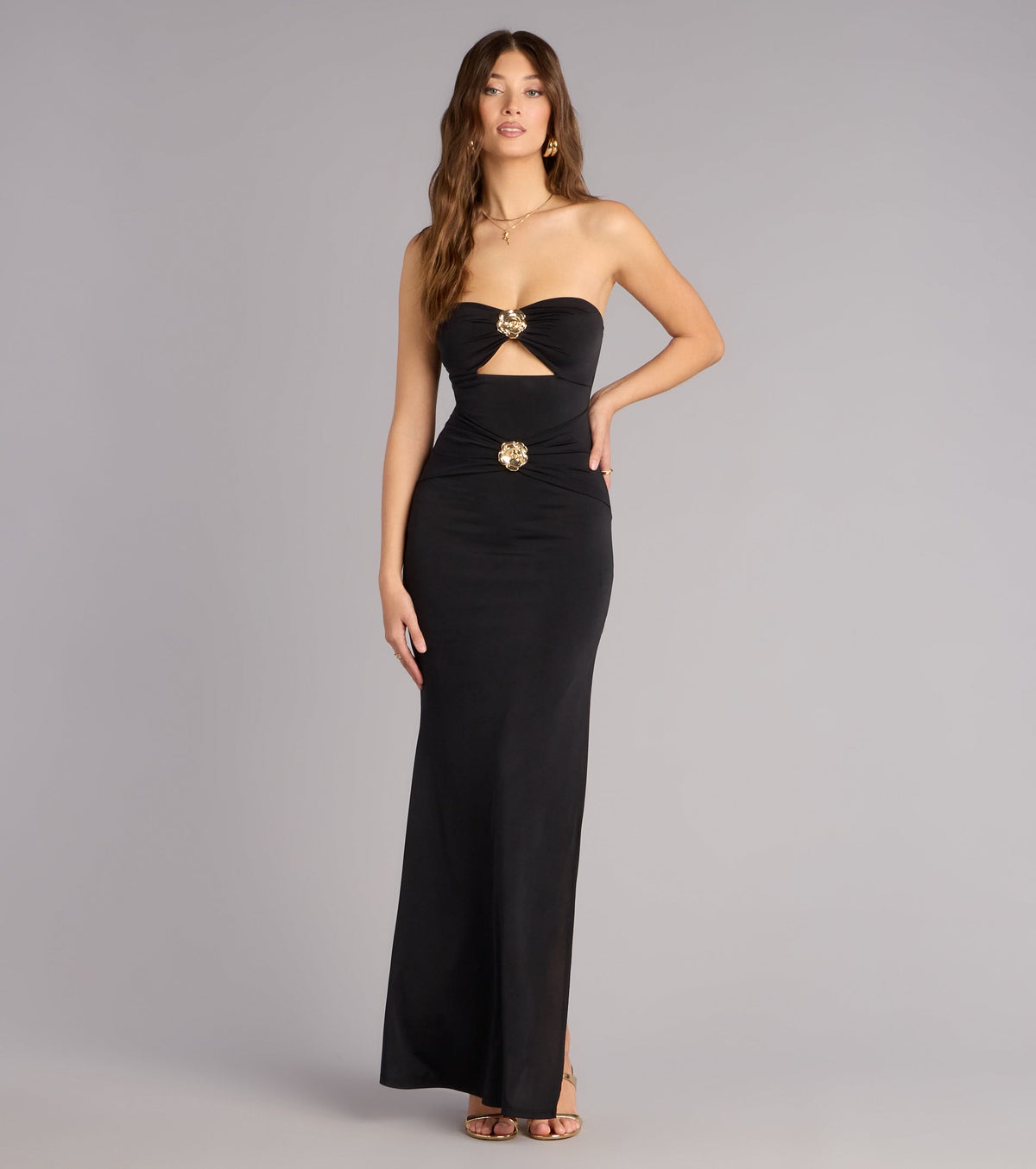Golden Hour Drama Strapless Cutout Maxi Dress