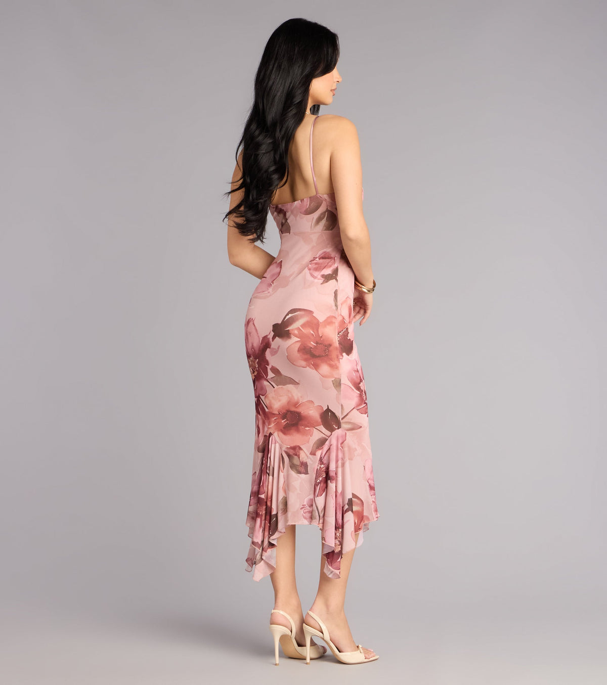 Sweet Flirt Floral Mesh Ruffle Midi Dress
