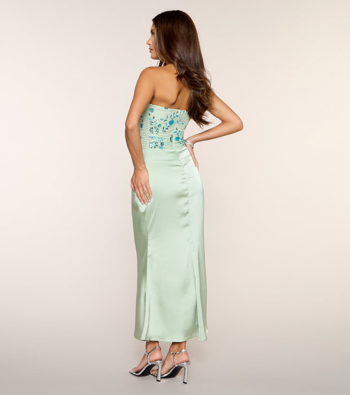 Satin Glow Strapless Beaded Midi Dress