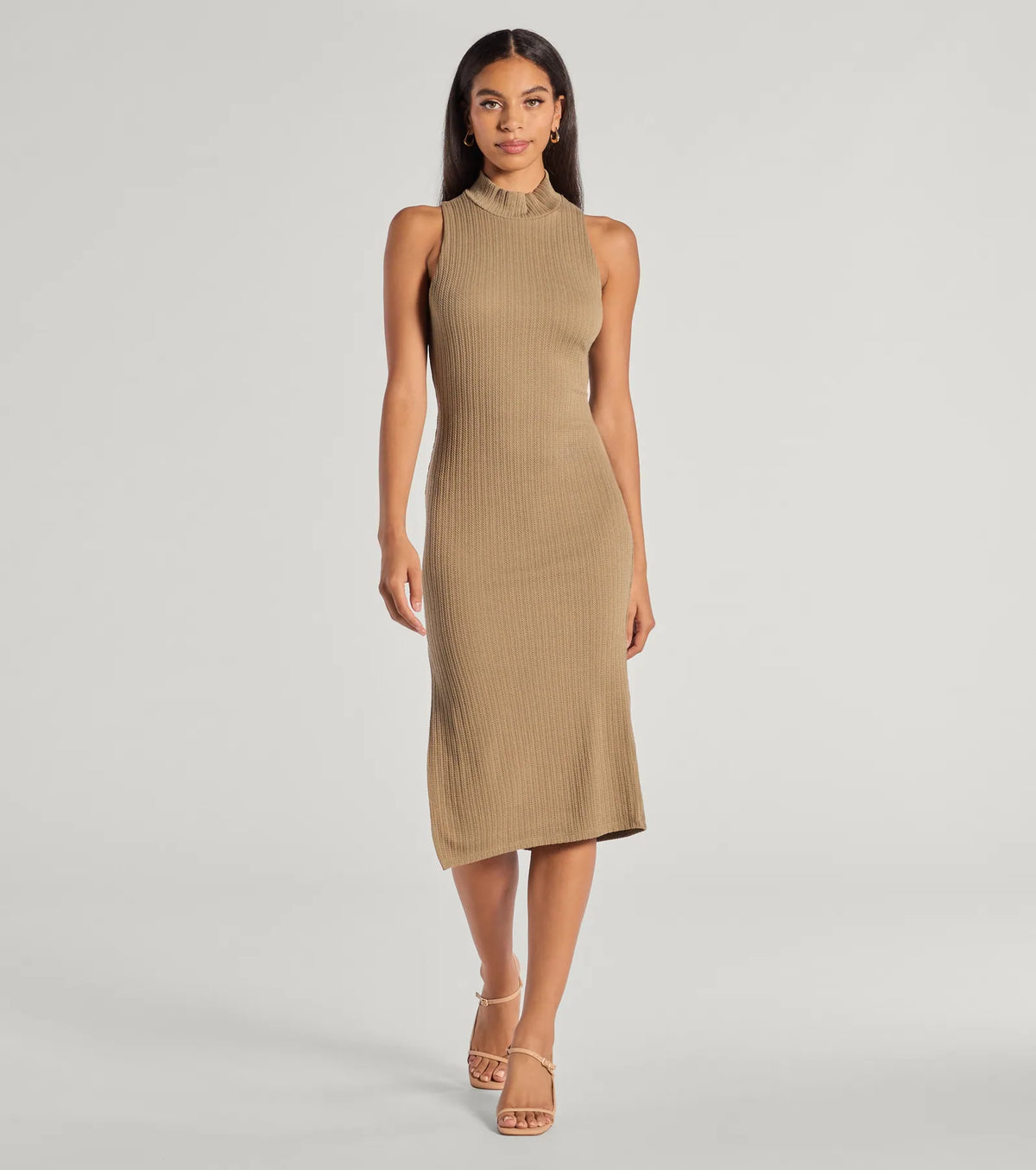 She's Stylish Mock Neck Cable Knit Midi Dress