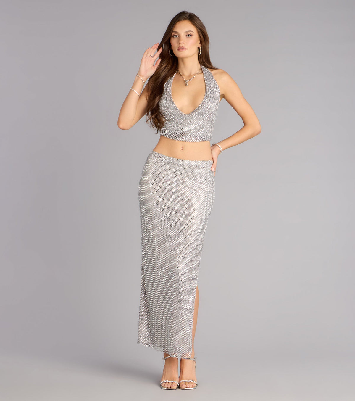 Cue The Sparkle Rhinestone Fishnet Halter Top