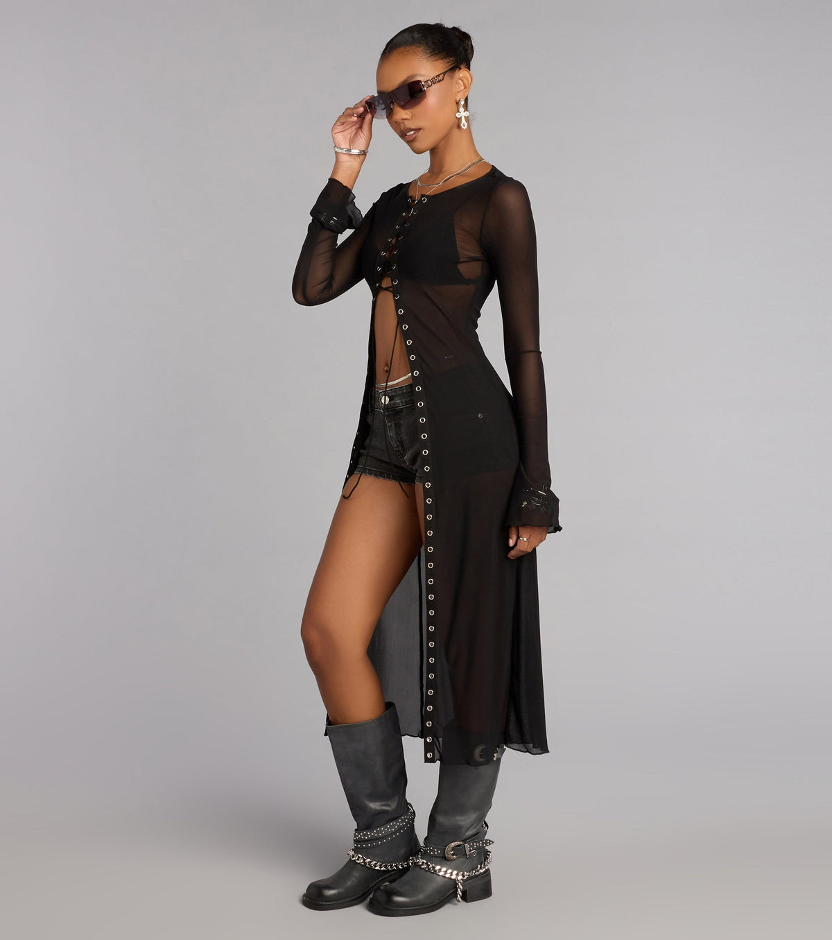 Night Mode Lace Up Mesh Long Top