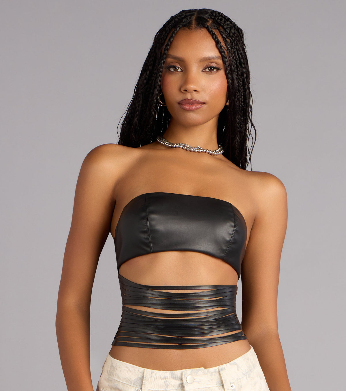 Confidently Bold Strappy Faux Leather Tube Top