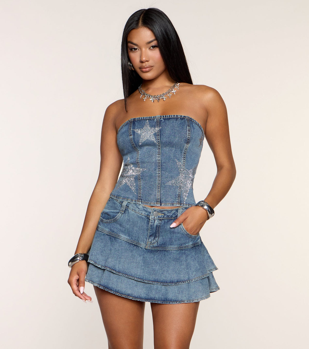 Nightfall Star Rhinestone Lace-Up Denim Top