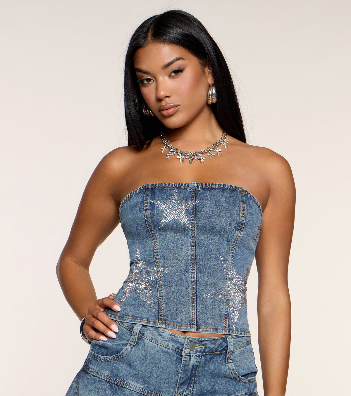 Nightfall Star Rhinestone Lace-Up Denim Top