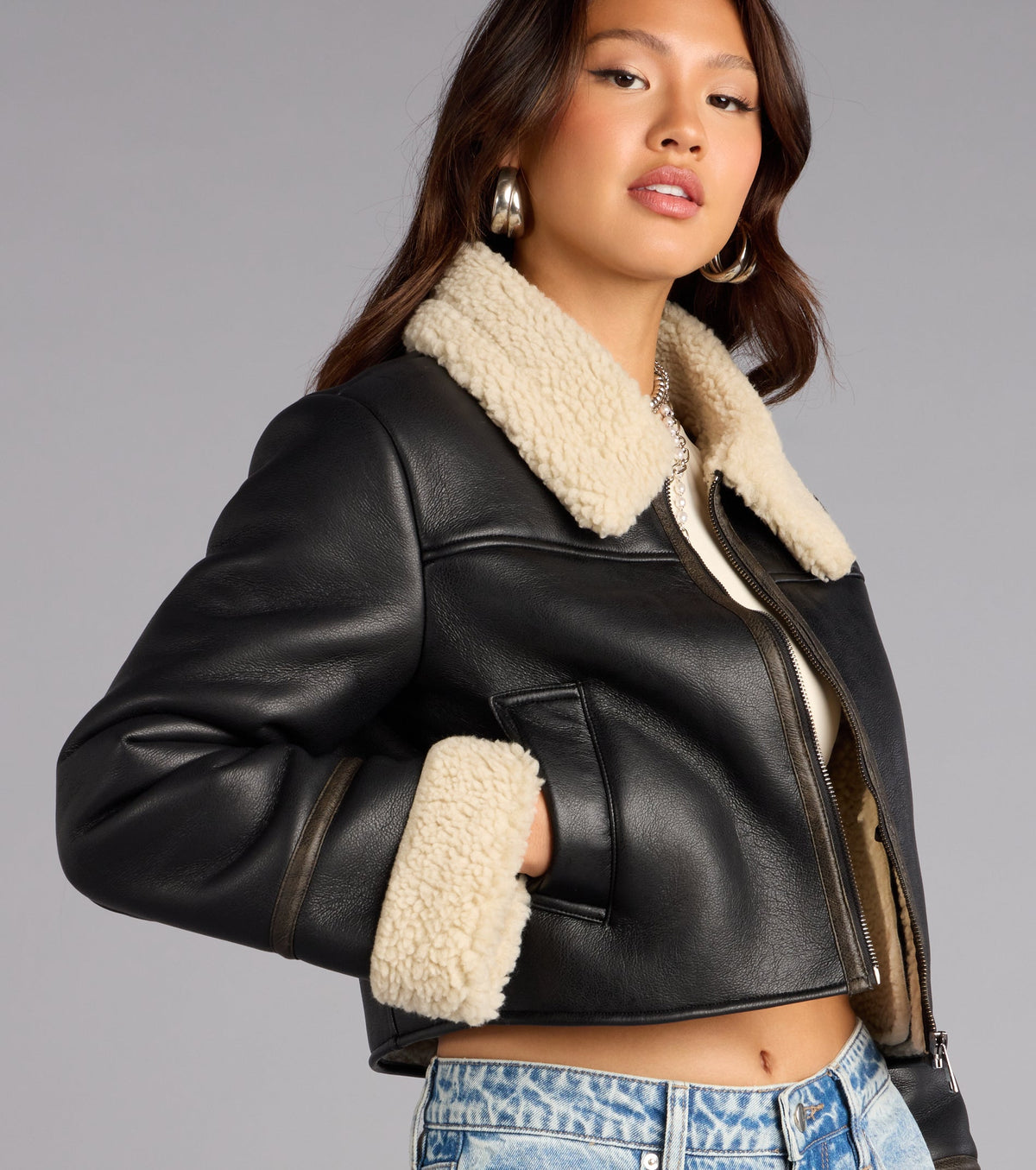 Downtown Girl Faux Leather Sherpa Crop Jacket