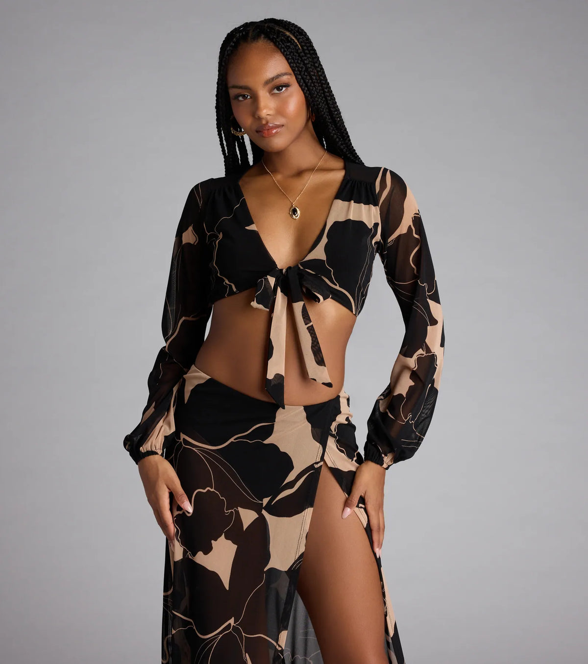Resort Calling Mesh Tie Front Top