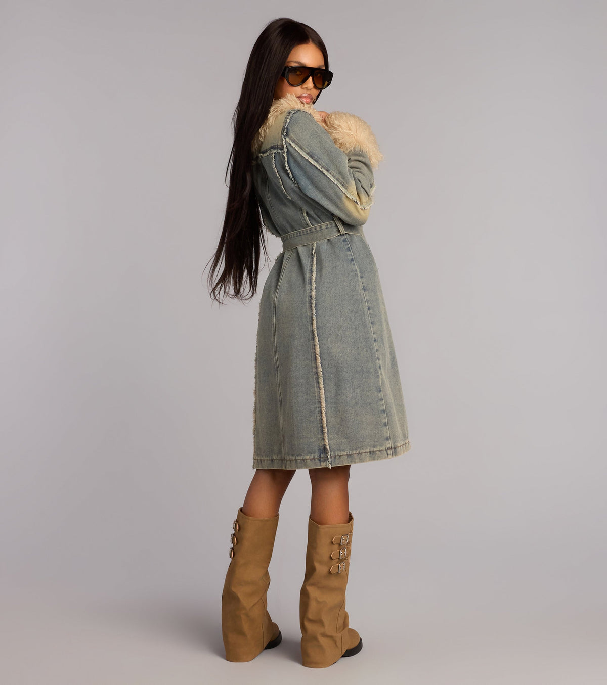 Cold Front Confidence Faux Fur Denim Trench Coat