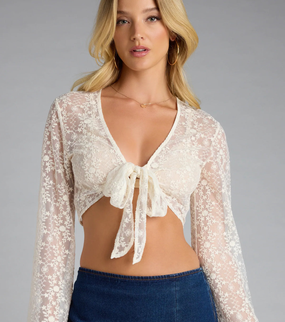 Sweetly Sheer Lace Tie Front Crop Top