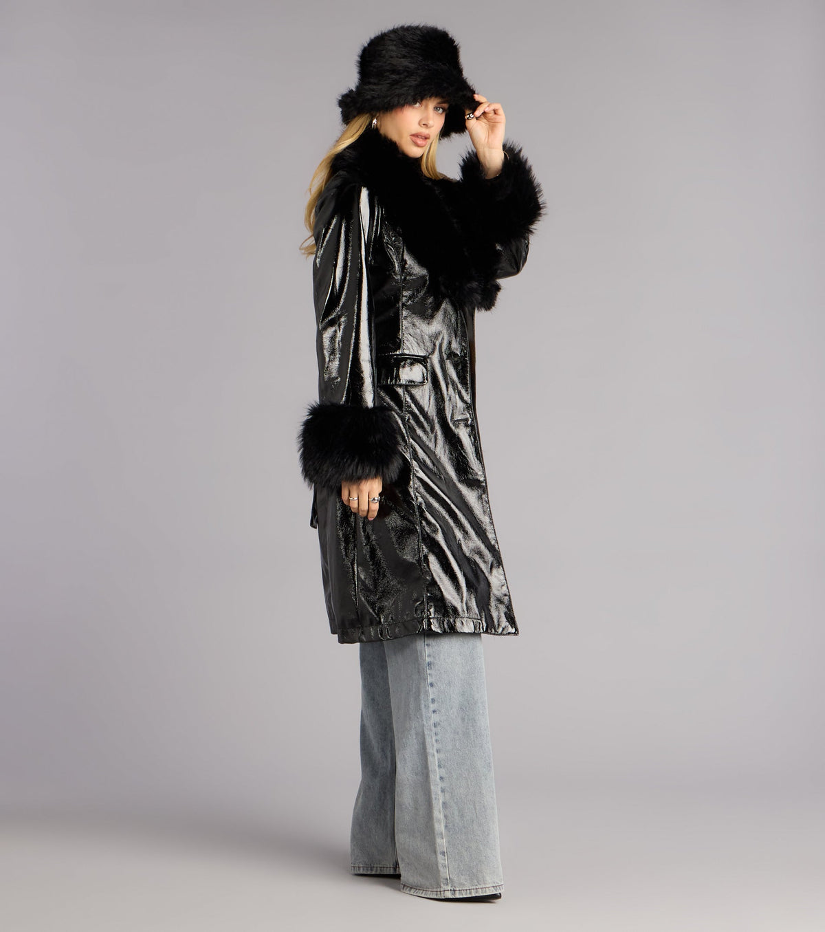 Glam Games Faux Fur Trim Trench Coat