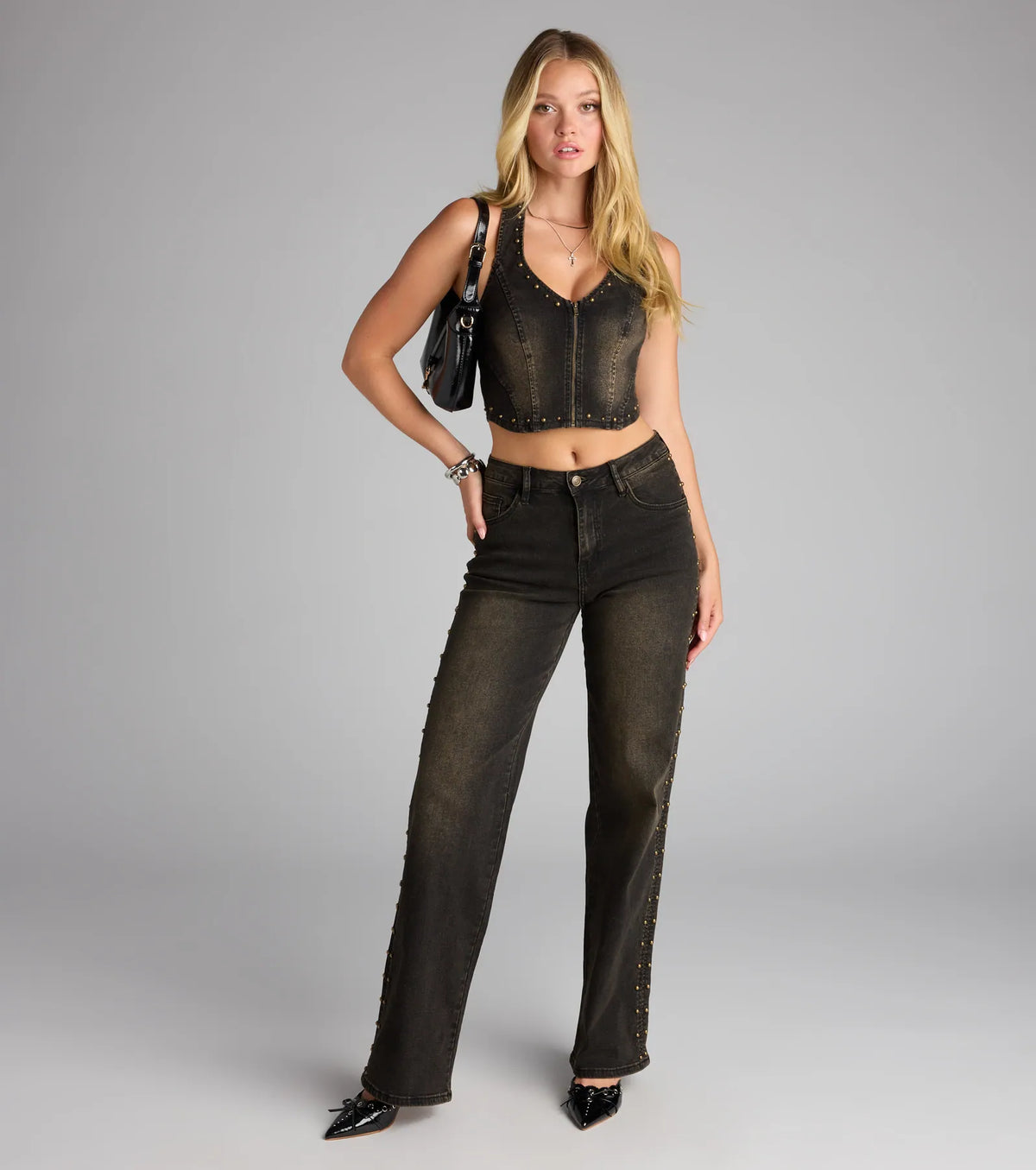 Studded and Snatched Straight Leg Denim Jeans