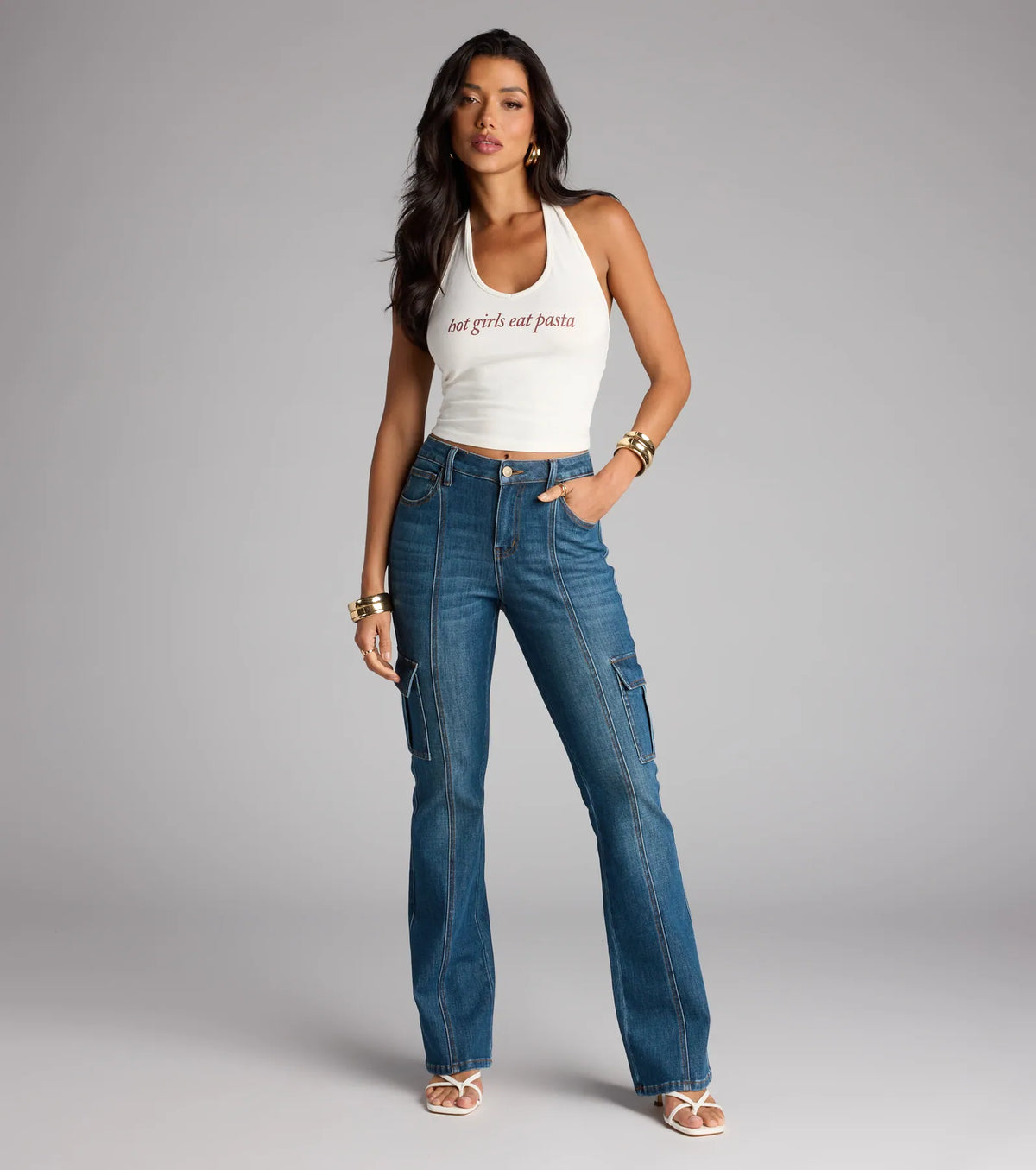 Cool Girl Cargo Mid Rise Flare Denim Jeans