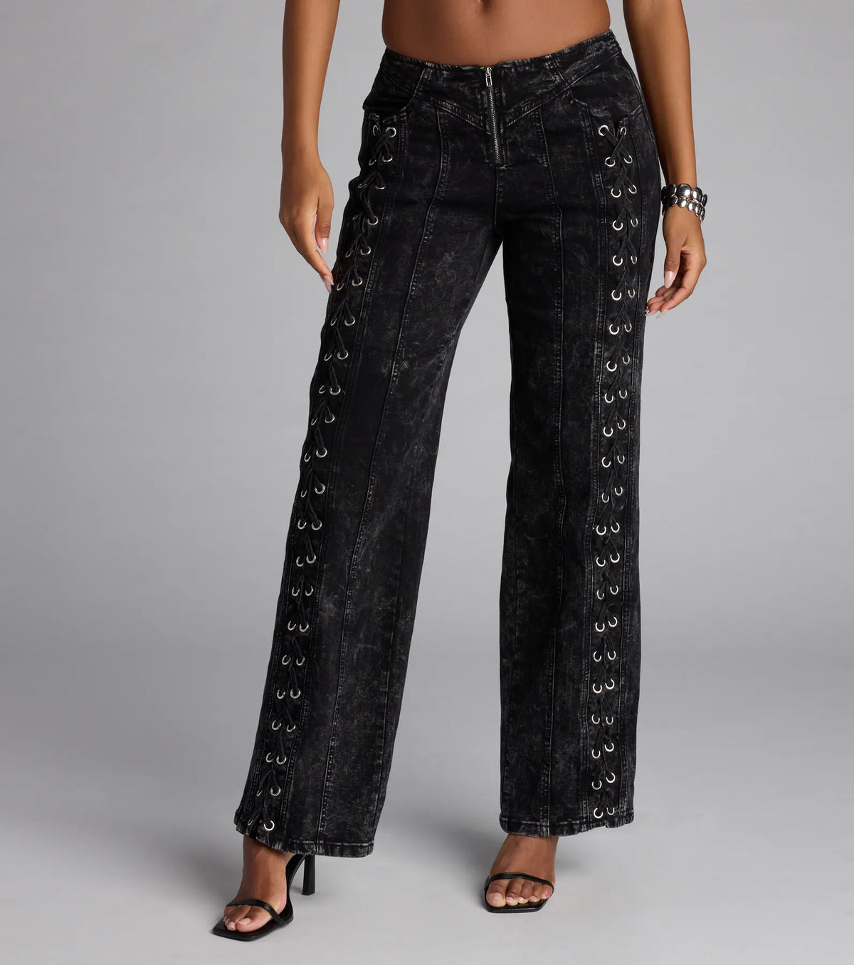Dial Up Drama Mid-Rise Lace Up Denim Jeans