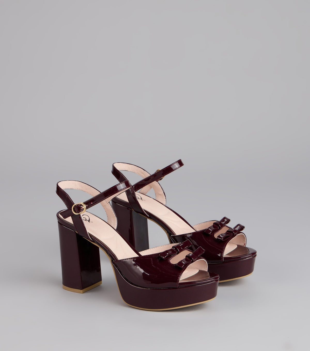 Glossy Finish Bow Platform Block Heels