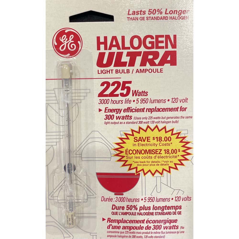 GE12282 Quartz HIR 225w (300 equiv.) R7s Double-Ended Clear Halogen Bulb