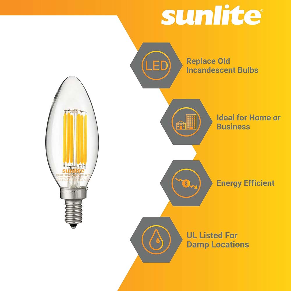 6PK - Sunlite LED 5W 220-277v 2700k E12 Candelabra Screw Bulb