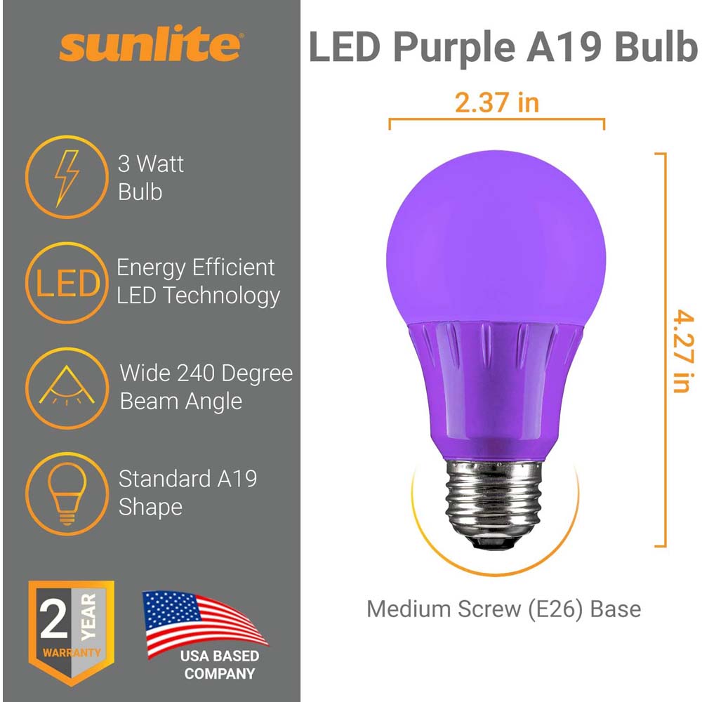 3Pk - Sunlite 3W LED A19 103Lm Purple Light Bulb