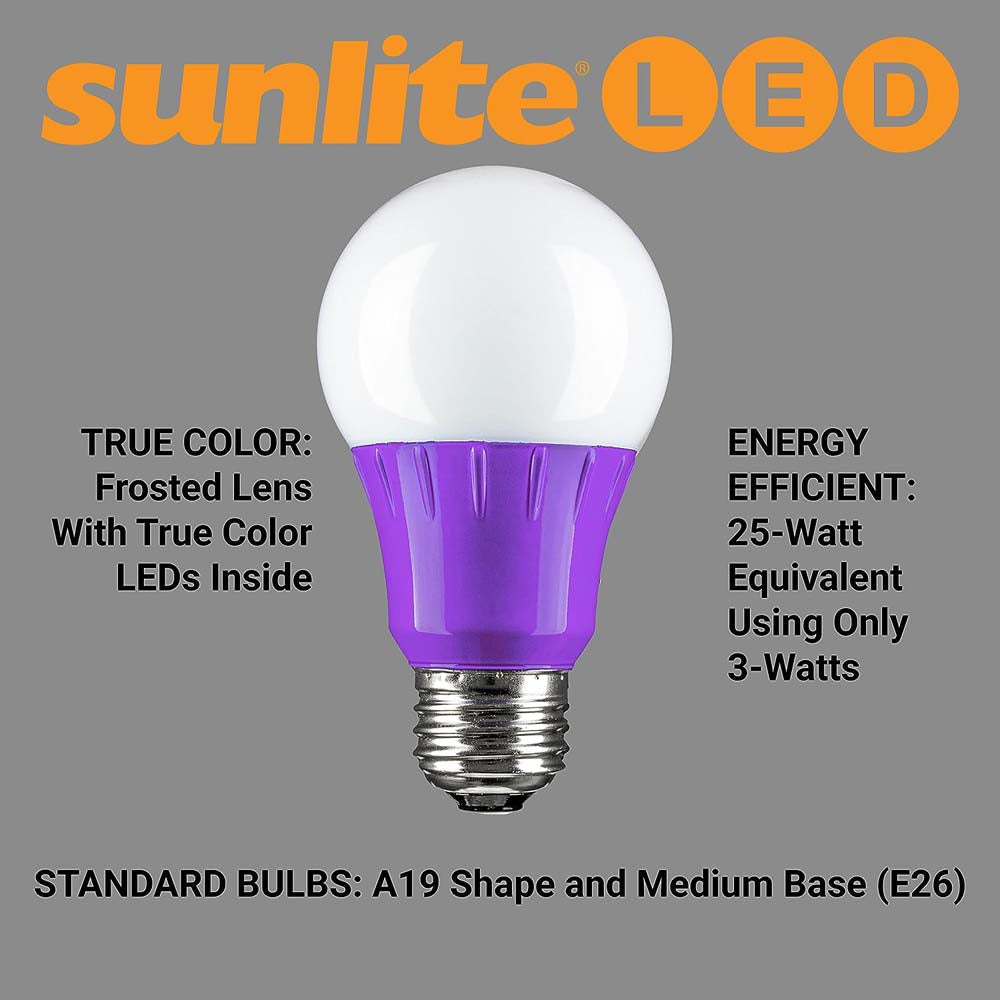 3Pk - Sunlite 3W LED A19 103Lm Purple Light Bulb