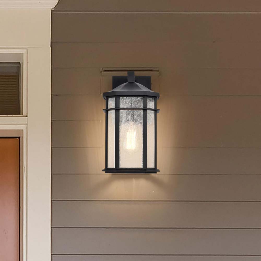 Raiden Outdoor 14-in Wall Light Matte Black Finish w/ Clear Seedy Glass 120v