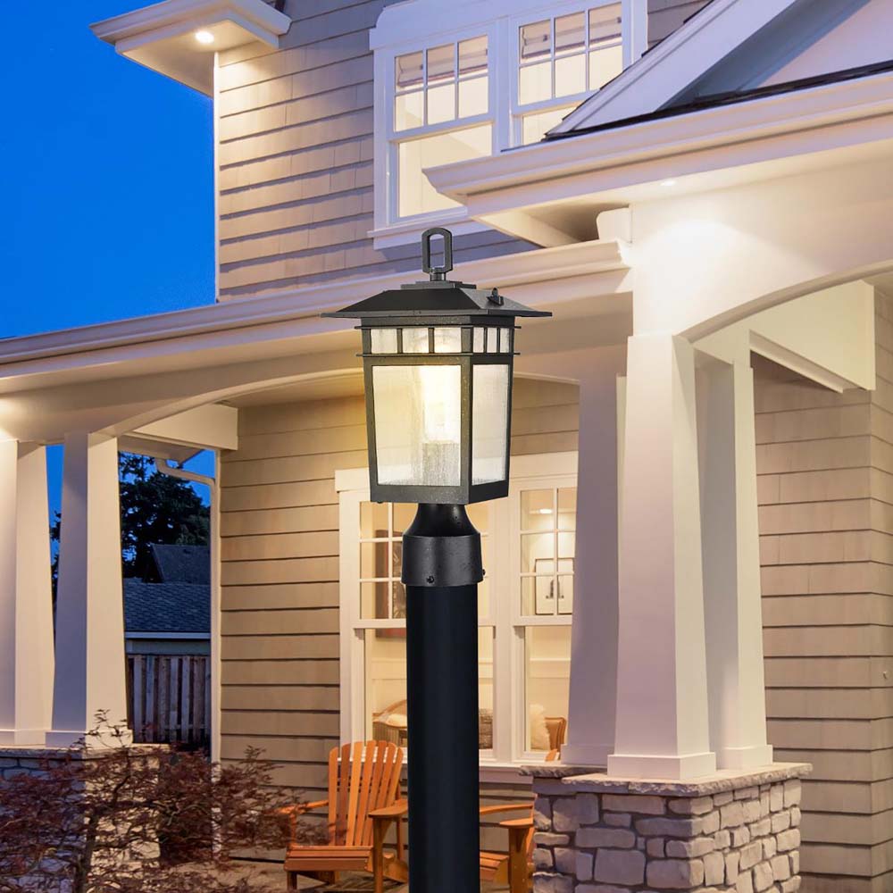 Cove Neck 16-in Post Light Lantern Textured Black Finish w/ Clear Seeded Glass