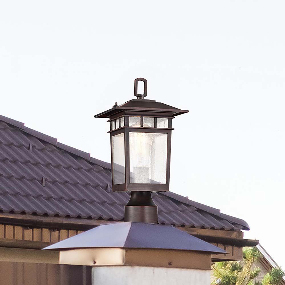 Cove Neck 14-in Post Light Lantern Rustic Bronze Finish w/ Clear Seeded Glass