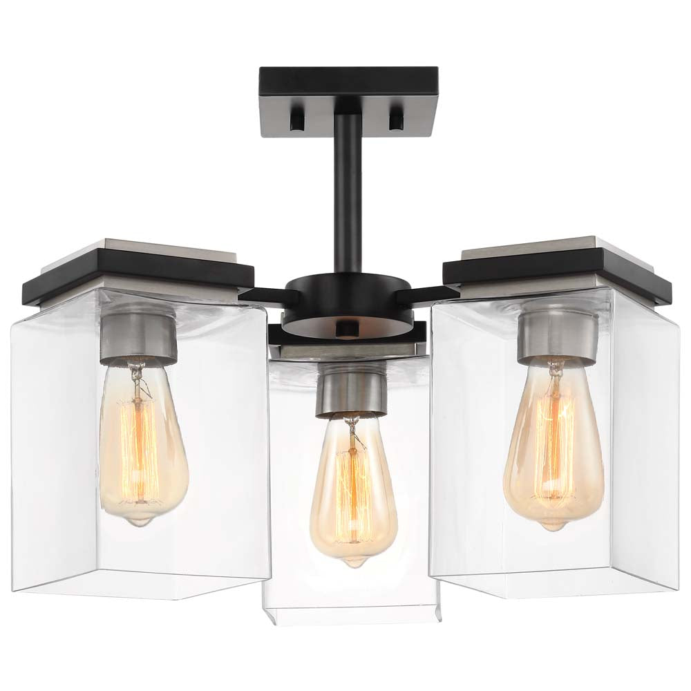 Crossroads 3-Light Semi-Flush Fixture Matte Black with Clear Glass