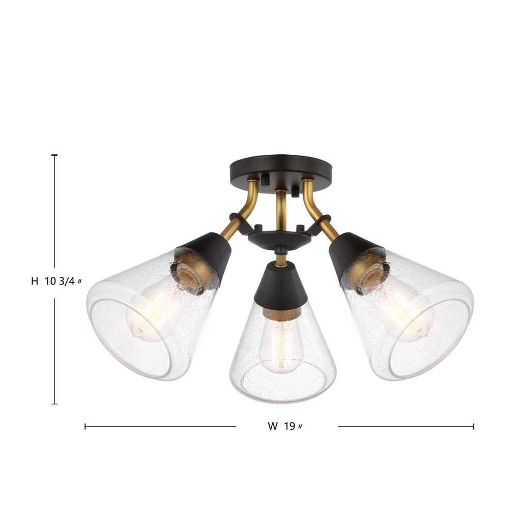 Starlight 60w 3-Light Semi Flush Clear Seeded Glass Mount E26 Base Black Finish