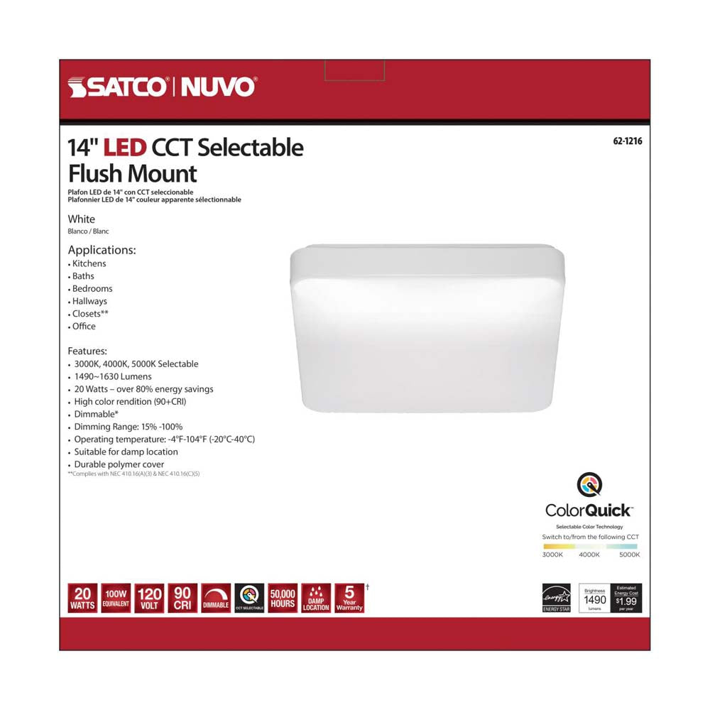 20w 14-in CCT Selectable Square White Acrylic LED Flush Mounted Fixture