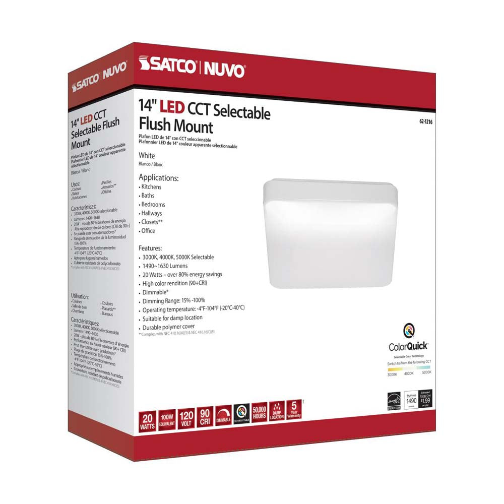 20w 14-in CCT Selectable Square White Acrylic LED Flush Mounted Fixture