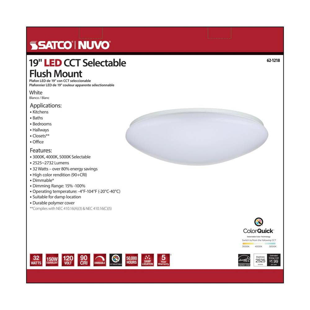 32w 19-in CCT Selectable Round White Acrylic LED Flush Mounted Fixture